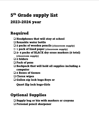 5th grade supply list